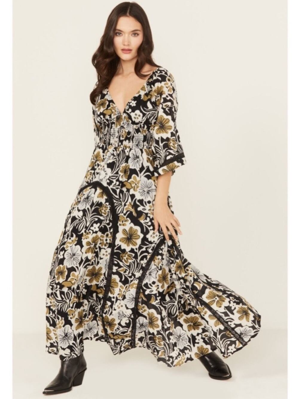 Free People Printed Dixie Maxi Dress in Black Combo XS
